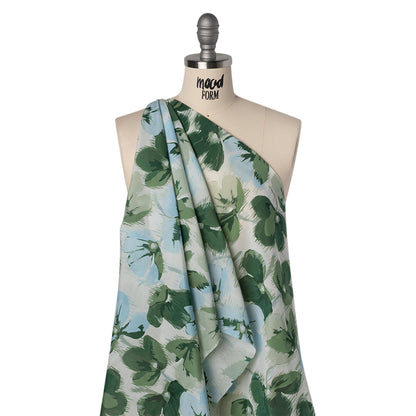 Silk and Cotton Voile Print - Sky Blue, Green and White Ikat-Inspired Floral - Deadstock