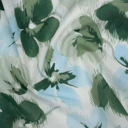 Silk and Cotton Voile Print - Sky Blue, Green and White Ikat-Inspired Floral - Deadstock