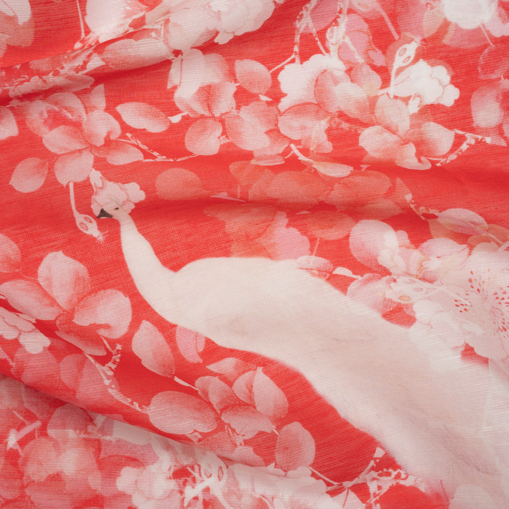 Lightweight Silk and Linen Woven Print - Red and White Peahens and Blossoms - Deadstock