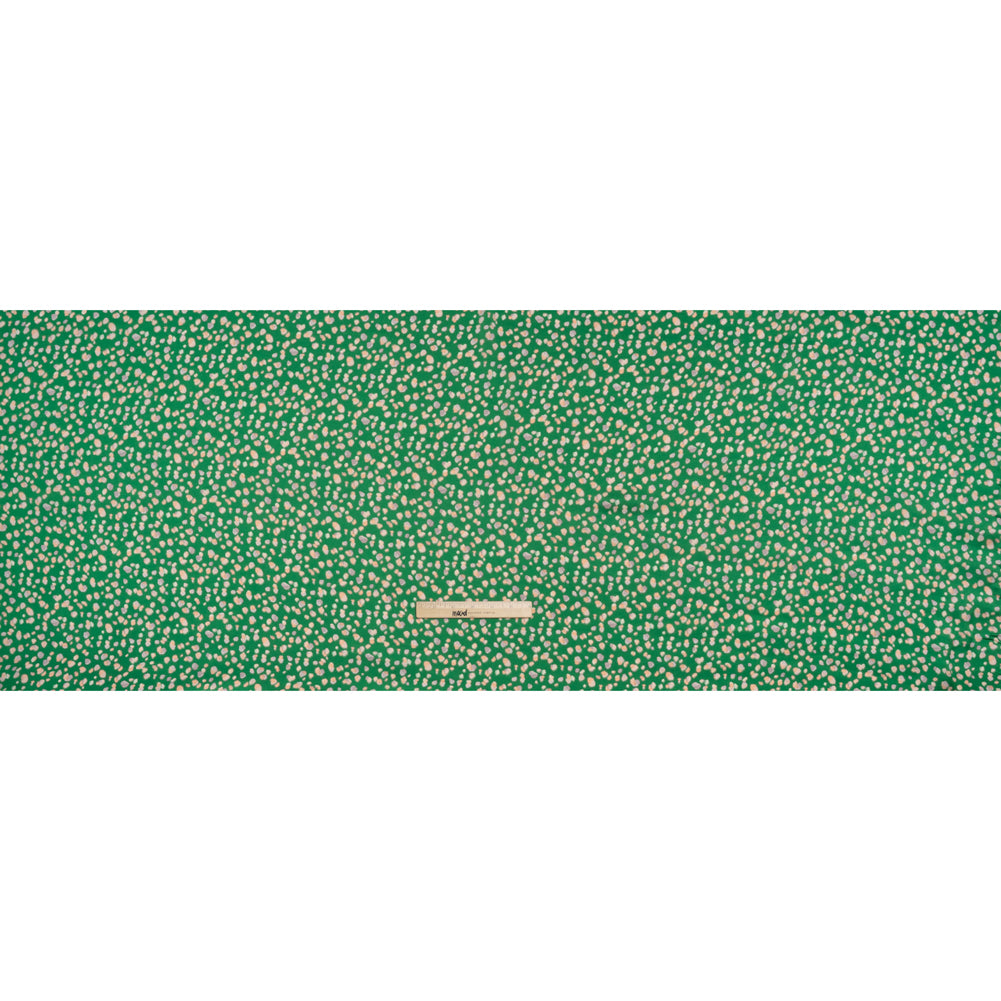 Polyester Satin Print - Kelly Green, Beige and Gray Abstract Dots - Designer Deadstock