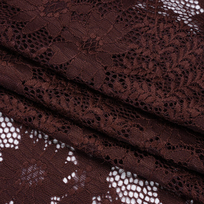 Nylon Re-Embroidered Stretch Lace - Chocolate Brown Flowers and Little Leaves - Designer Deadstock