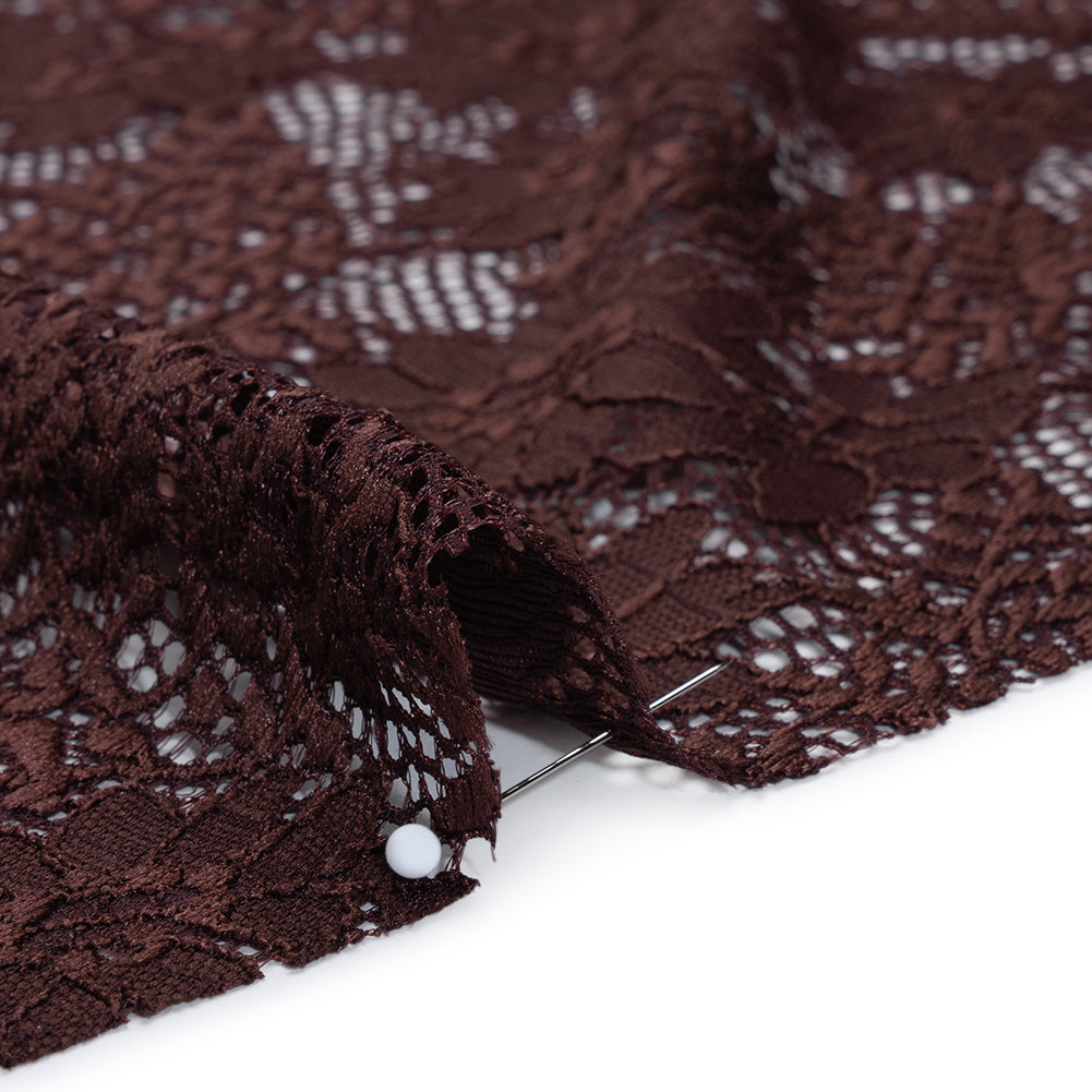 Nylon Re-Embroidered Stretch Lace - Chocolate Brown Flowers and Little Leaves - Designer Deadstock