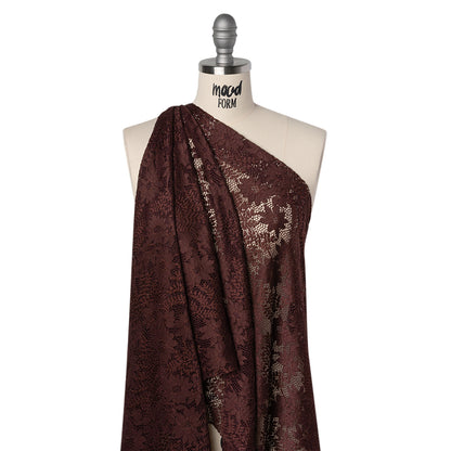 Nylon Re-Embroidered Stretch Lace - Chocolate Brown Flowers and Little Leaves - Designer Deadstock