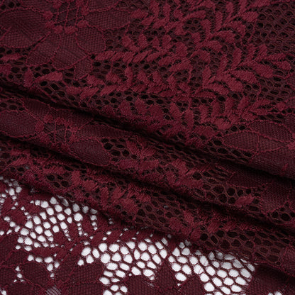 Nylon Re-Embroidered Stretch Lace - Burgundy Flowers and Little Leaves - Designer Deadstock