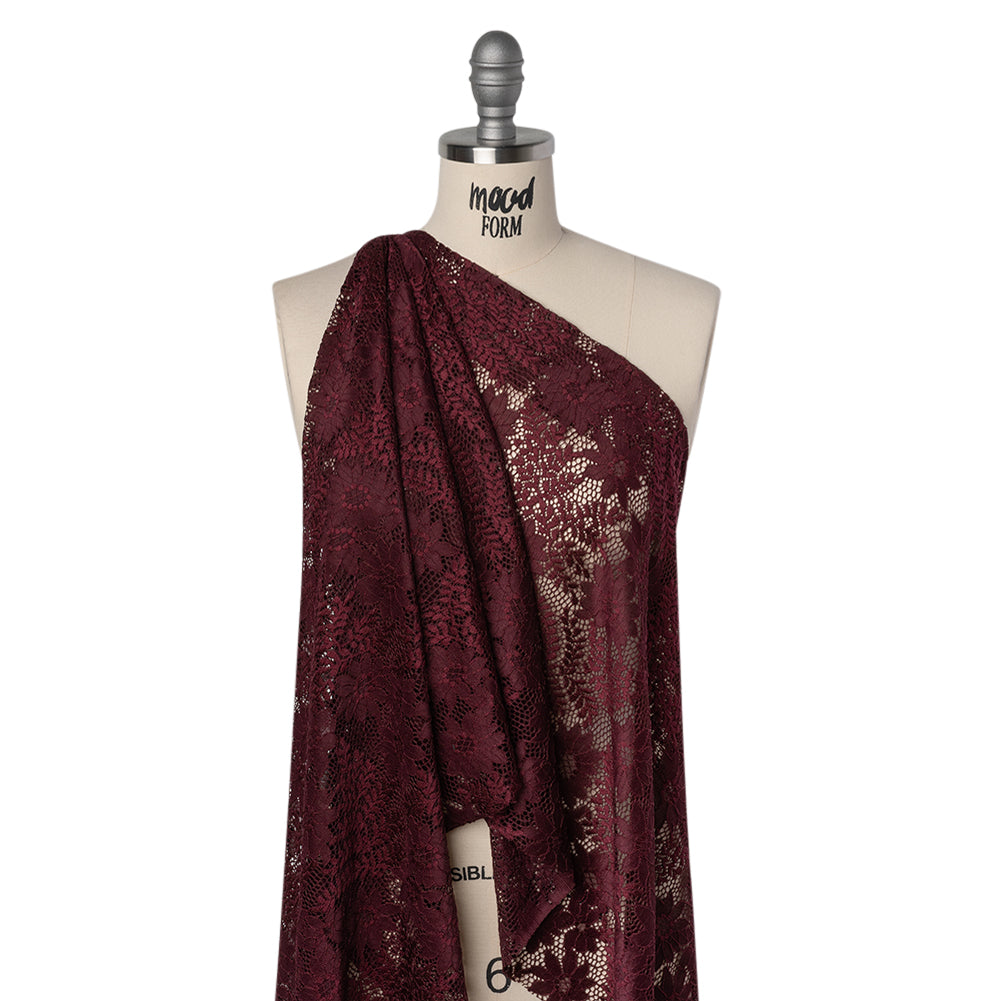 Nylon Re-Embroidered Stretch Lace - Burgundy Flowers and Little Leaves - Designer Deadstock