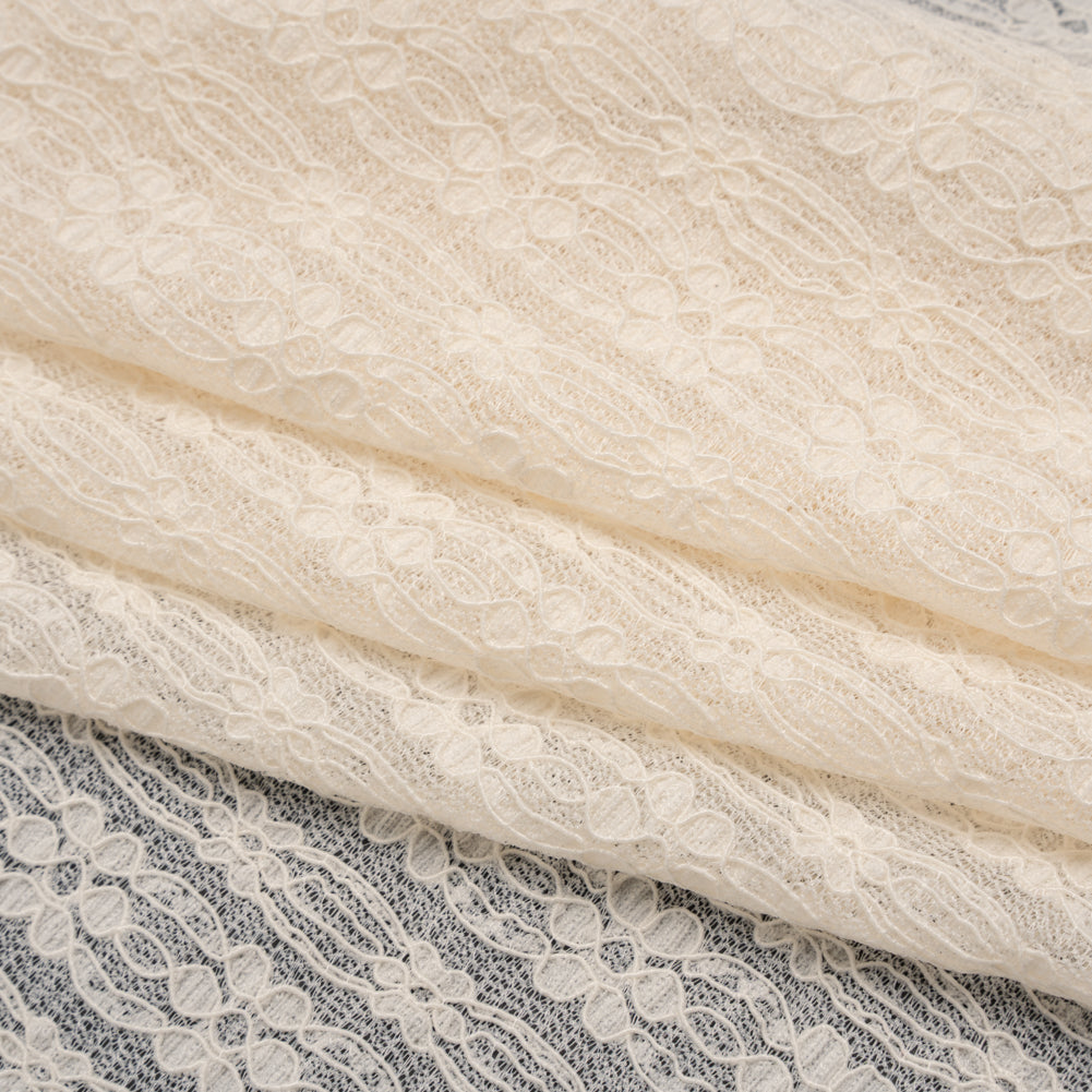 Crinkled Stretch Corded Lace - Gardenia Floral Stripes - Designer Deadstock