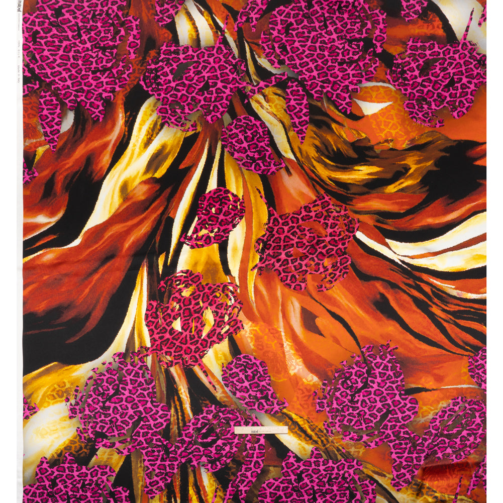 Silk Charmeuse Panel 16MM, Made in Italy - Hot Pink, Red and Beige Abstract Flow with Leopard Print Floral Silhouettes