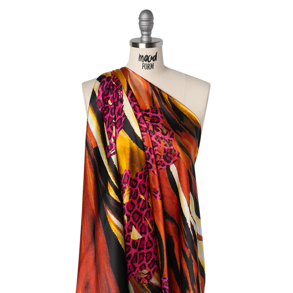 Silk Charmeuse Panel 16MM, Made in Italy - Hot Pink, Red and Beige Abstract Flow with Leopard Print Floral Silhouettes