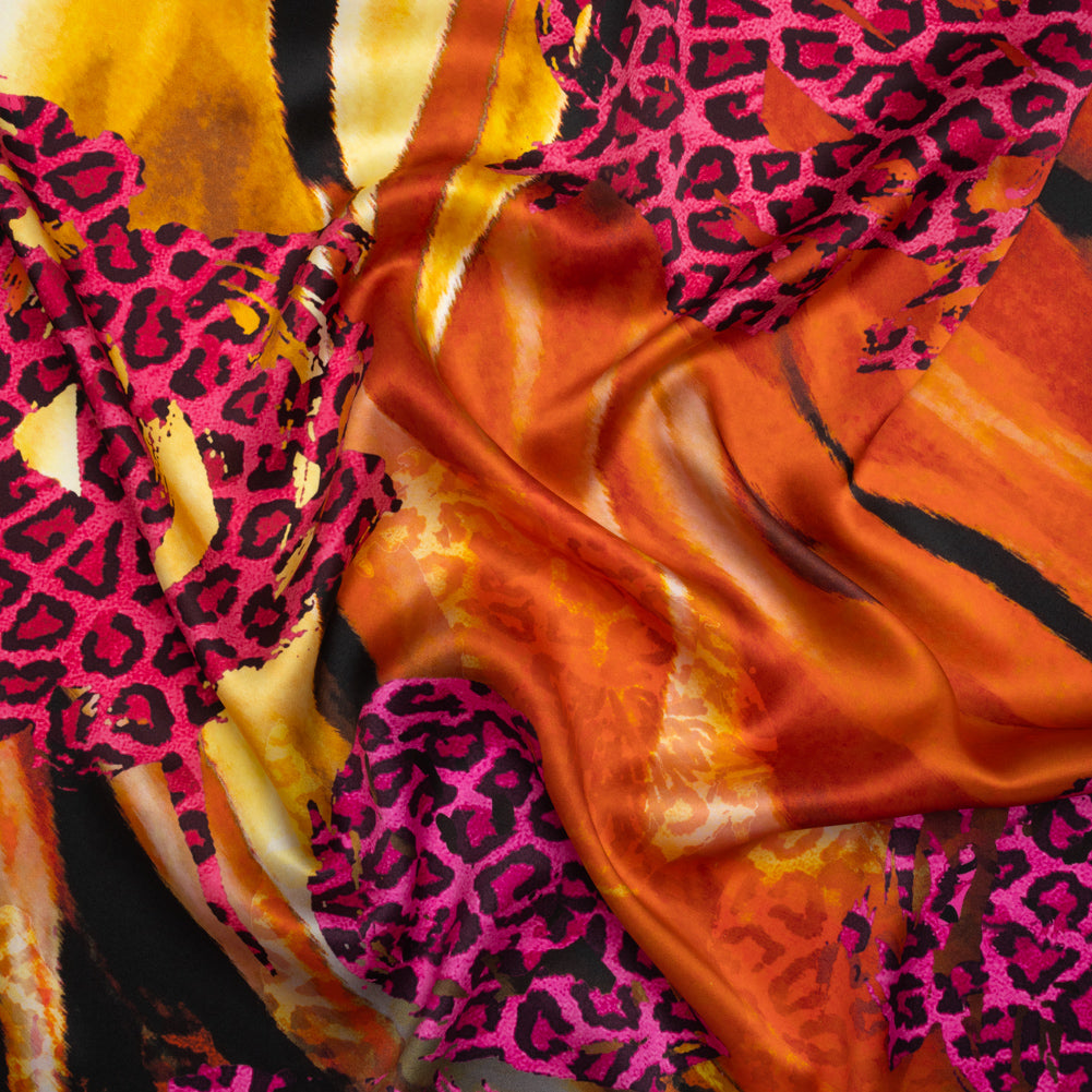 Silk Charmeuse Panel 16MM, Made in Italy - Hot Pink, Red and Beige Abstract Flow with Leopard Print Floral Silhouettes