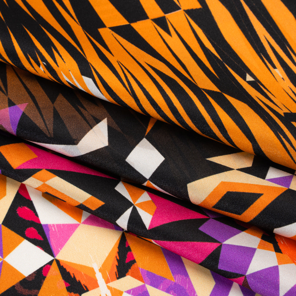 Silk Charmeuse Panel 16MM, Made in Italy - Pink, Purple and Orange Geometric Kaleidoscope Medallions
