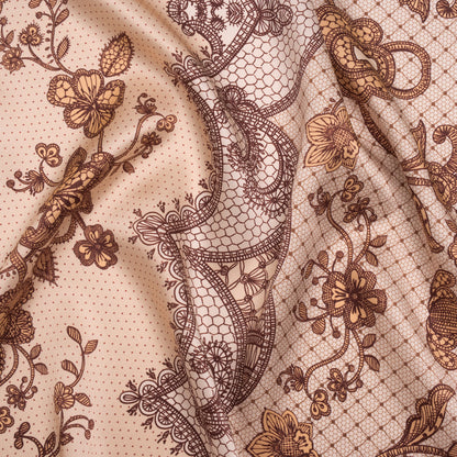 Silk Charmeuse Print 16MM, Made in Italy - Light Peach and Burgundy Lockets and Lace