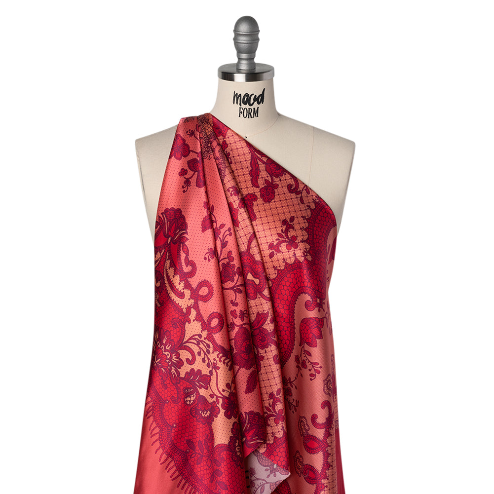 Silk Charmeuse Print 16MM, Made in Italy - Rose, Hot Pink and Dark Red Lockets and Lace