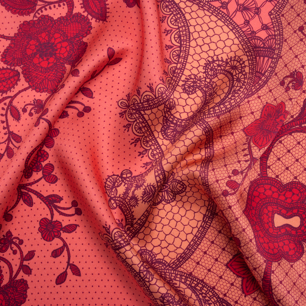 Silk Charmeuse Print 16MM, Made in Italy - Rose, Hot Pink and Dark Red Lockets and Lace