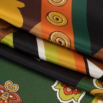 Silk Charmeuse Print 16MM, Made in Italy - Green, Brown and Orange Patchwork Squares with Flowers and Stripes