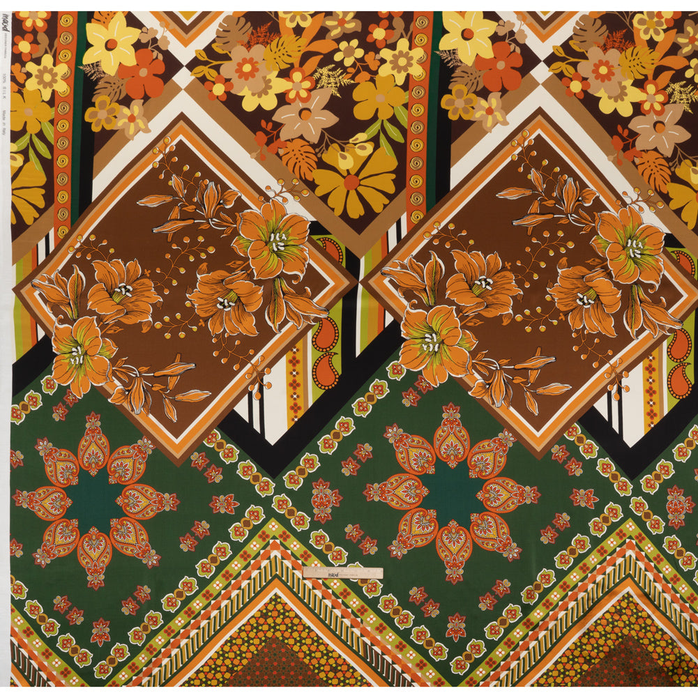 Silk Charmeuse Print 16MM, Made in Italy - Green, Brown and Orange Patchwork Squares with Flowers and Stripes