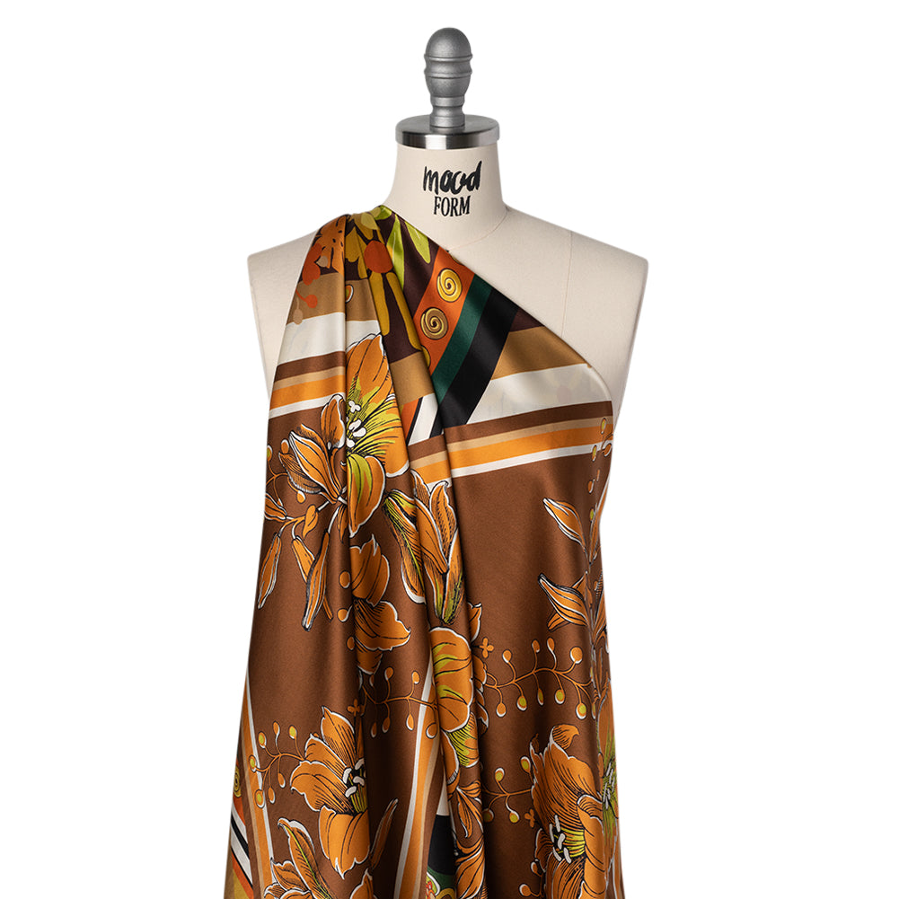 Silk Charmeuse Print 16MM, Made in Italy - Green, Brown and Orange Patchwork Squares with Flowers and Stripes