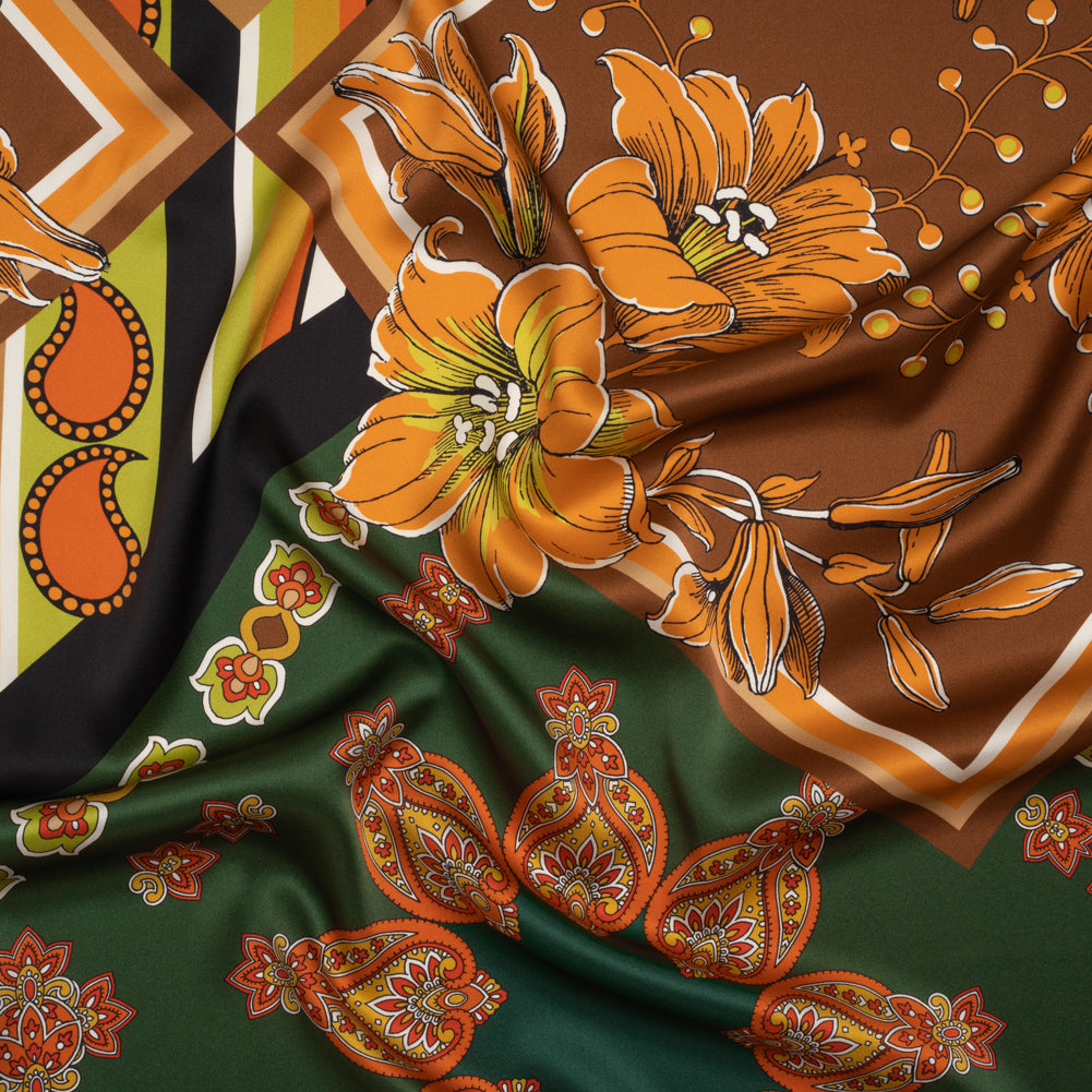 Silk Charmeuse Print 16MM, Made in Italy - Green, Brown and Orange Patchwork Squares with Flowers and Stripes