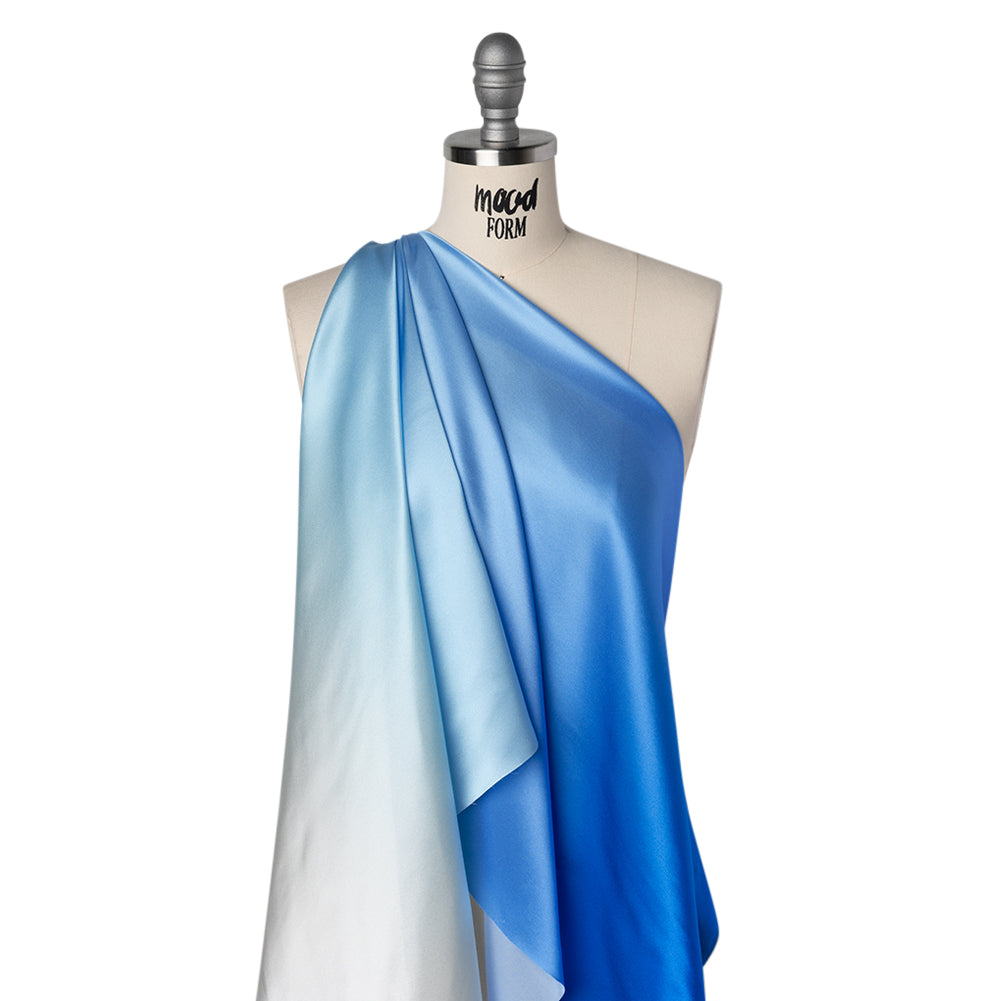 Silk Charmeuse Print 16MM, Made in Italy - White to Bright Blue Ombre
