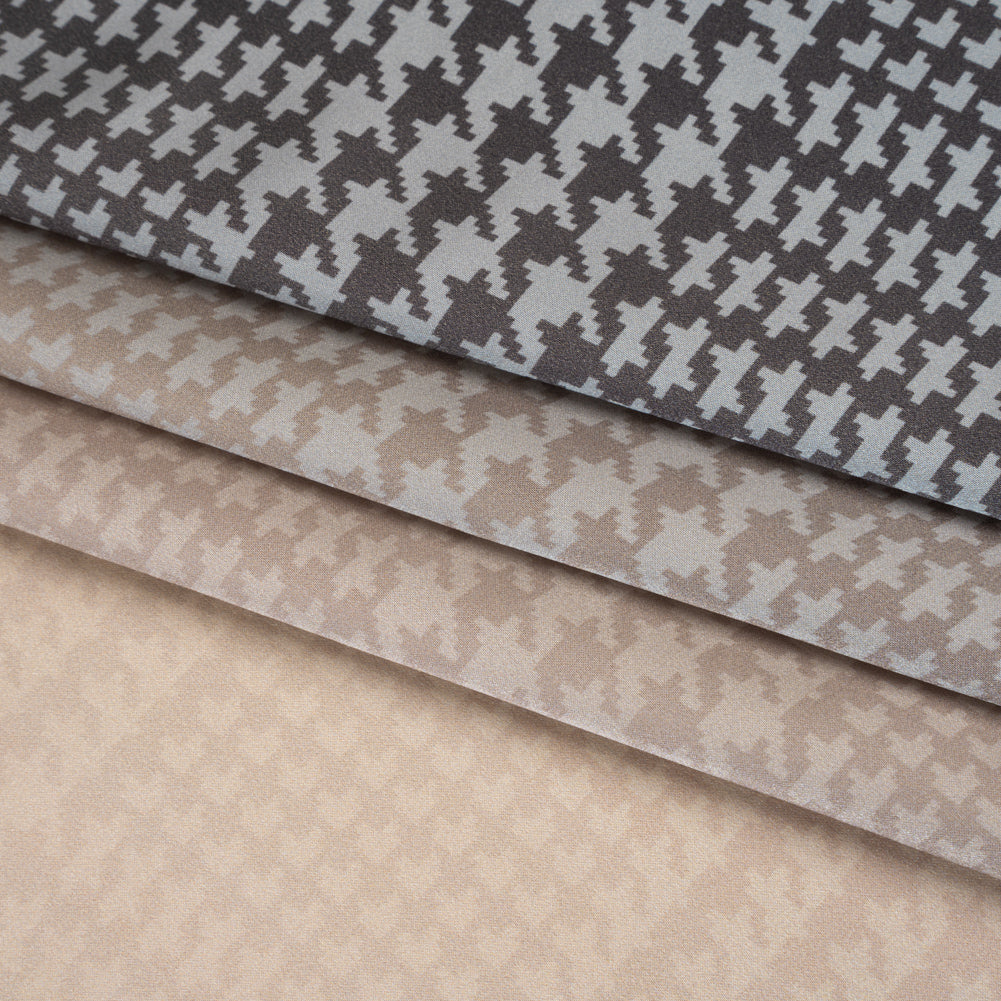 Silk Charmeuse Print 16MM, Made in Italy - Beige, Gray and Black Glen Check Ombre