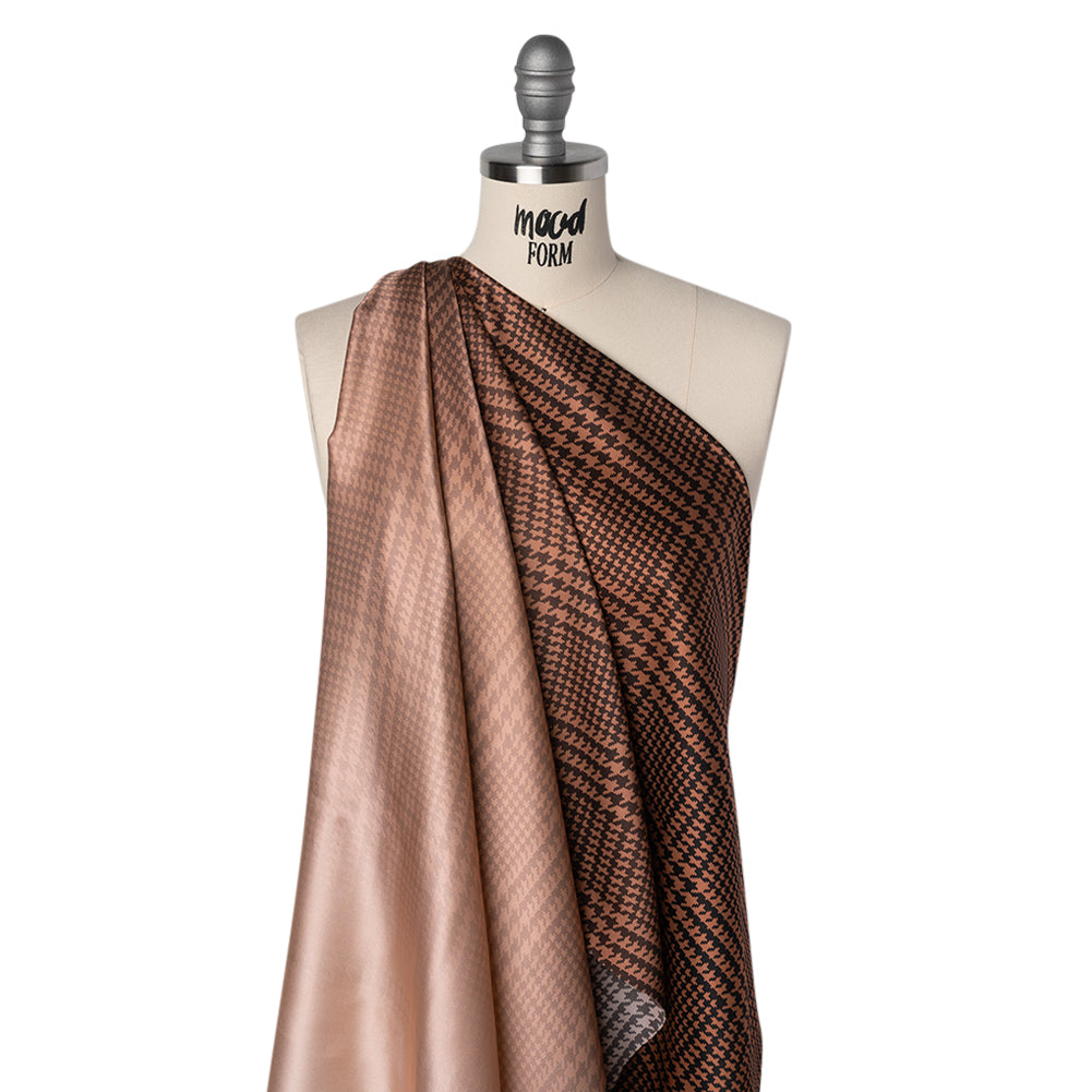 Silk Charmeuse Print 16MM, Made in Italy - Peachy Pink, Burnt Orange and Black Glen Check Ombre
