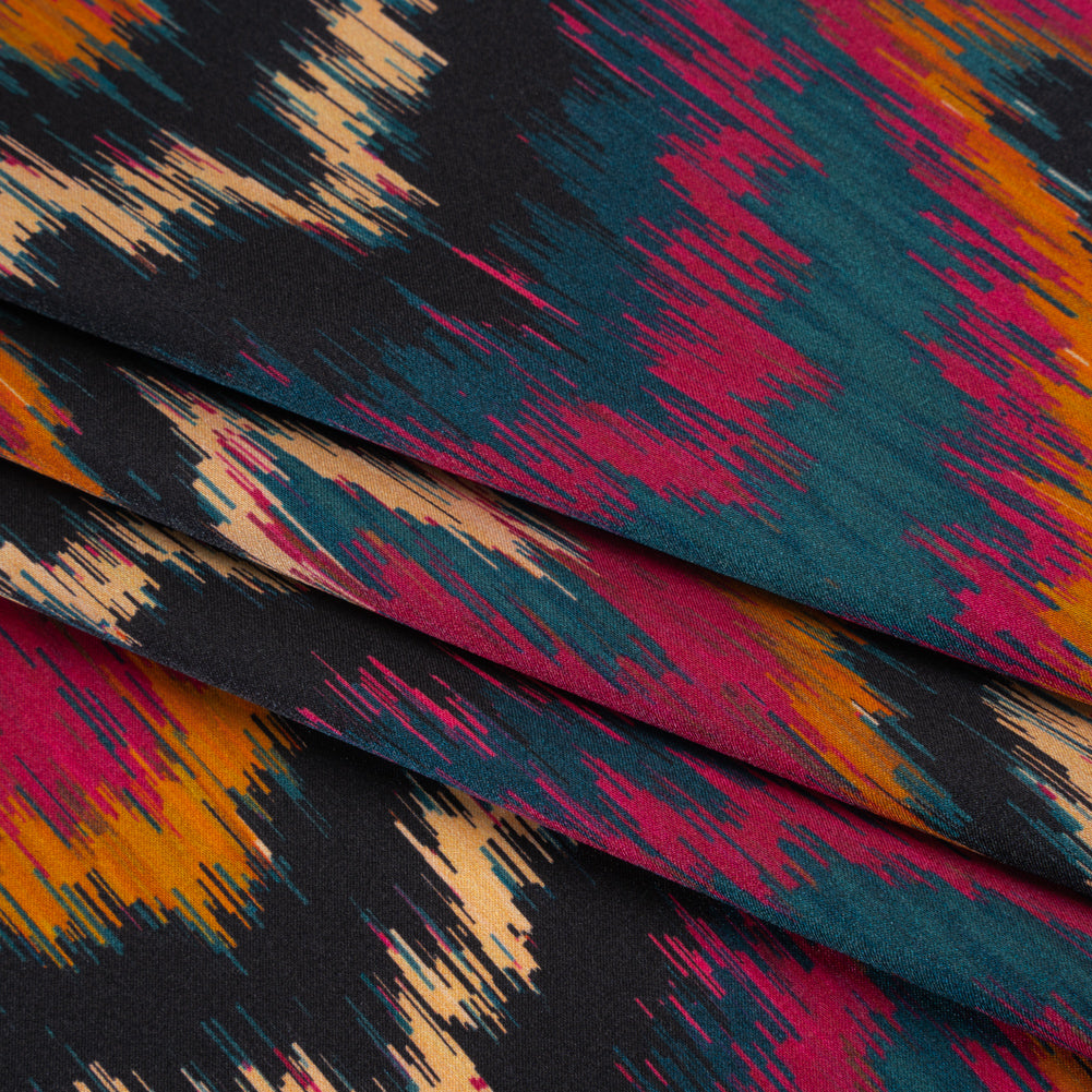 Silk Charmeuse Print 16MM, Made in Italy - Navy, Magenta and Gold Ikat Marbled Waves