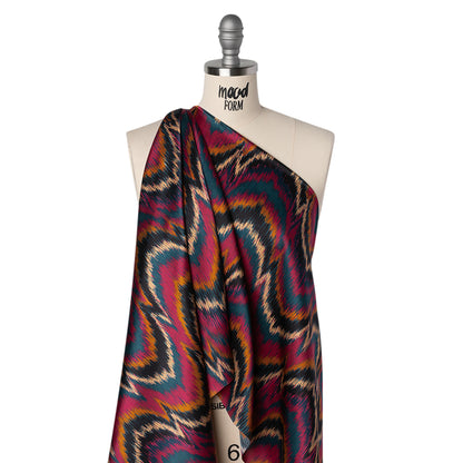 Silk Charmeuse Print 16MM, Made in Italy - Navy, Magenta and Gold Ikat Marbled Waves