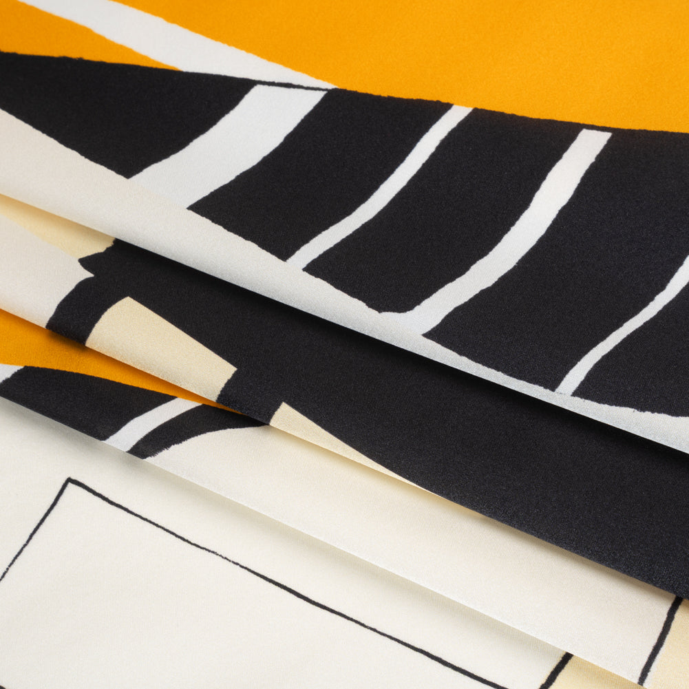 Silk Charmeuse Print 16MM, Made in Italy - Off White, Golden Yellow and Black Abstract