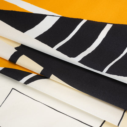 Silk Charmeuse Print 16MM, Made in Italy - Off White, Golden Yellow and Black Abstract