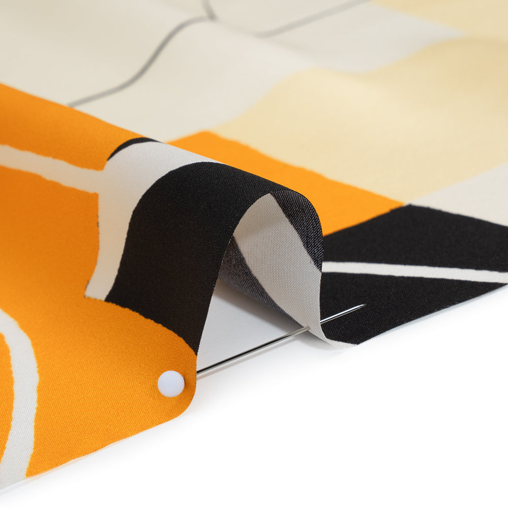 Silk Charmeuse Print 16MM, Made in Italy - Off White, Golden Yellow and Black Abstract
