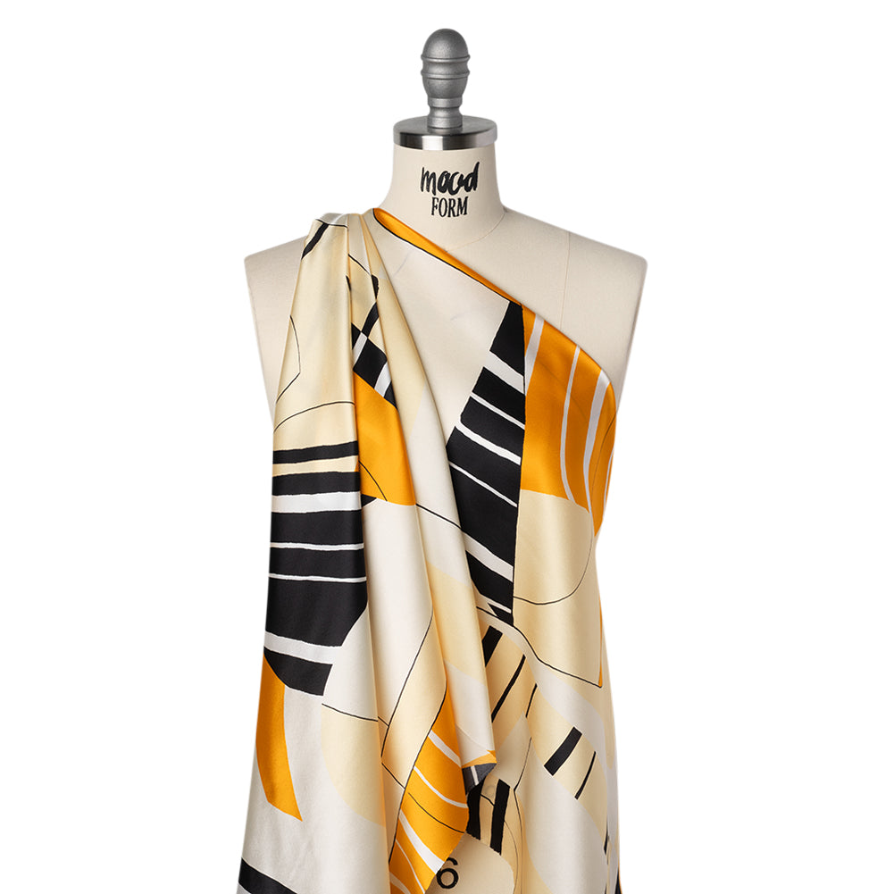 Silk Charmeuse Print 16MM, Made in Italy - Off White, Golden Yellow and Black Abstract