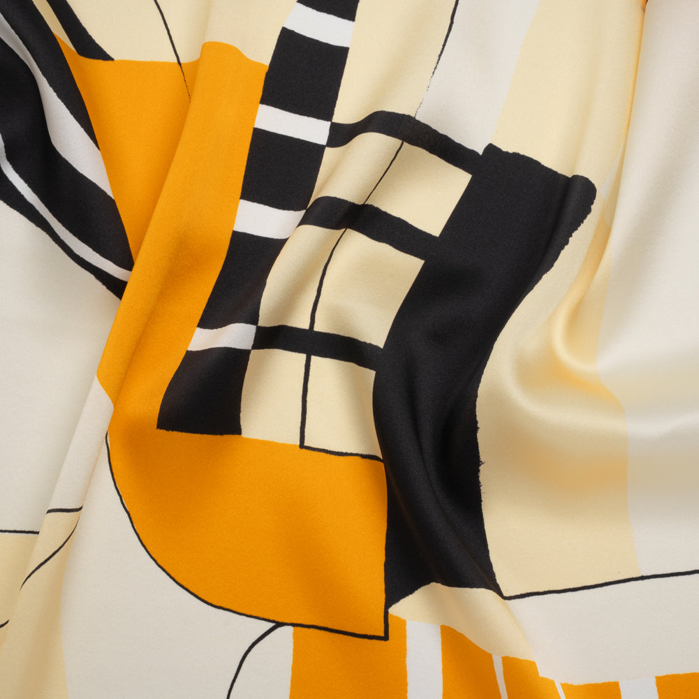 Silk Charmeuse Print 16MM, Made in Italy - Off White, Golden Yellow and Black Abstract