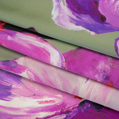 Silk Charmeuse Print 16MM, Made in Italy - Sage Green, Purple and Pink Painterly Flowers