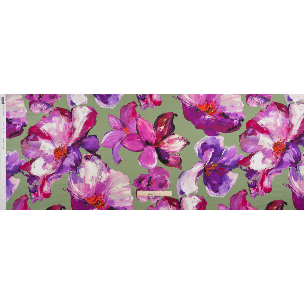 Silk Charmeuse Print 16MM, Made in Italy - Sage Green, Purple and Pink Painterly Flowers