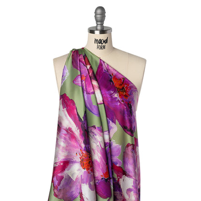 Silk Charmeuse Print 16MM, Made in Italy - Sage Green, Purple and Pink Painterly Flowers