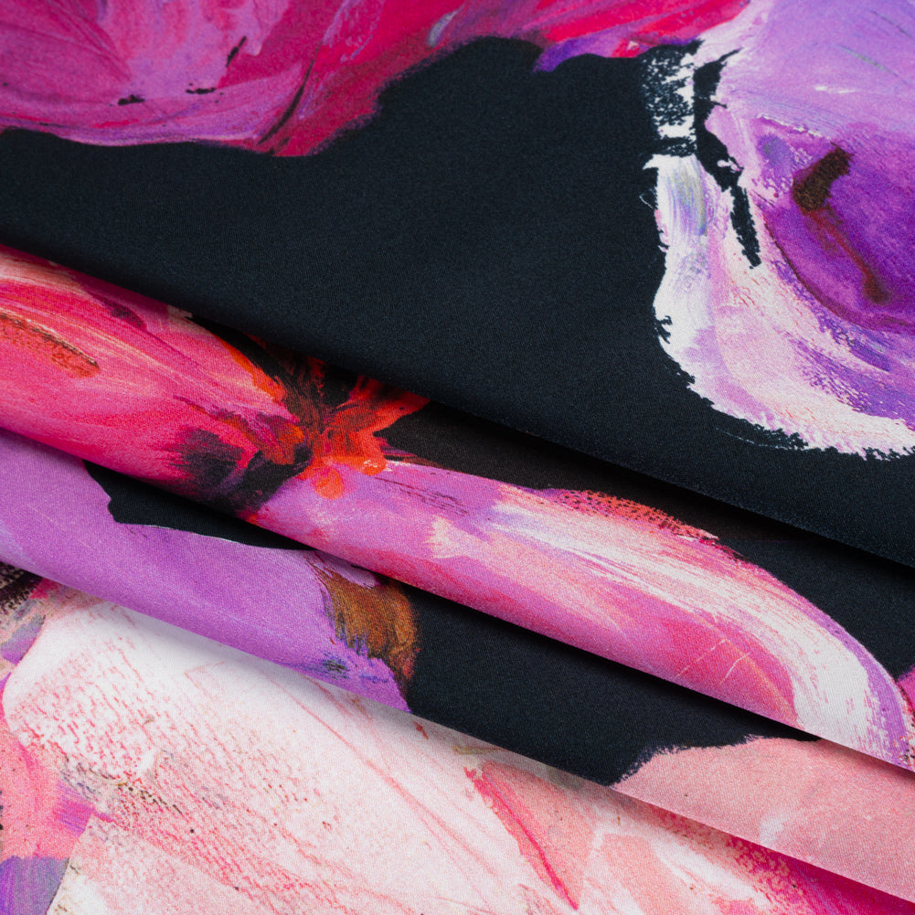 Silk Charmeuse Print 16MM, Made in Italy - Navy, Purple and Pink Painterly Flowers