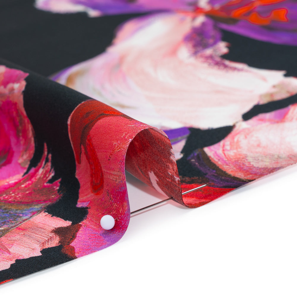 Silk Charmeuse Print 16MM, Made in Italy - Navy, Purple and Pink Painterly Flowers
