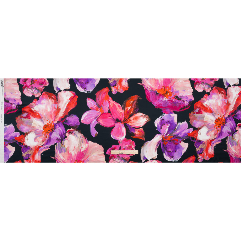 Silk Charmeuse Print 16MM, Made in Italy - Navy, Purple and Pink Painterly Flowers