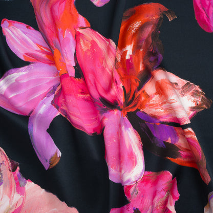 Silk Charmeuse Print 16MM, Made in Italy - Navy, Purple and Pink Painterly Flowers