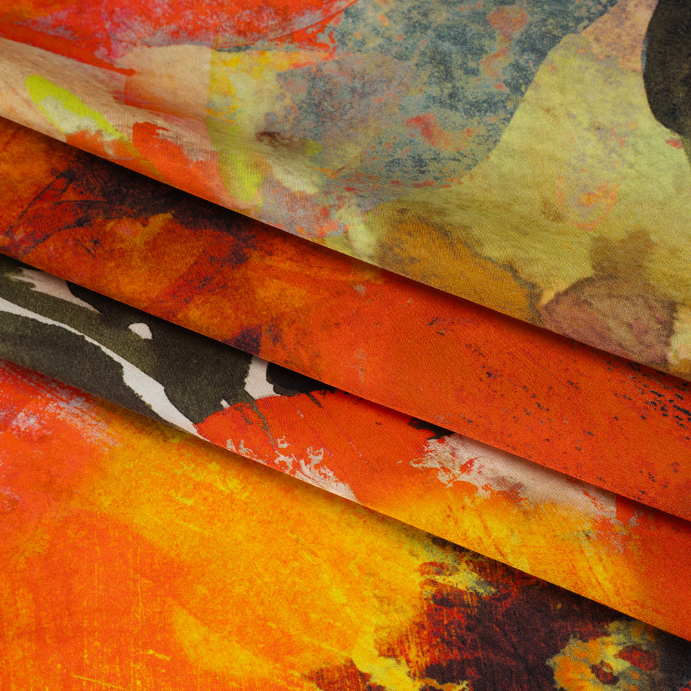 Silk Charmeuse Print 16MM, Made in Italy - Orange, Dark Green and Yellow Painterly Floral