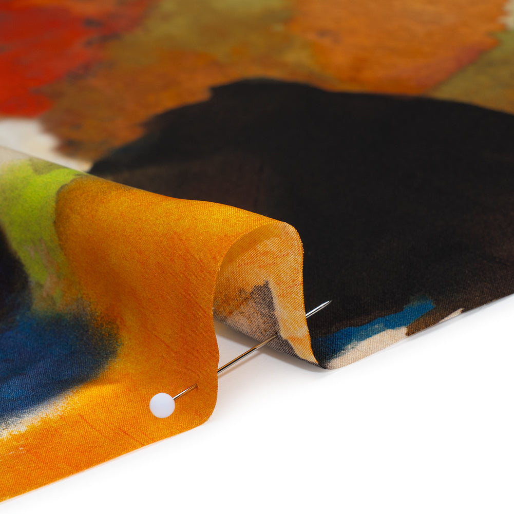 Silk Charmeuse Print 16MM, Made in Italy - Orange, Dark Green and Yellow Painterly Floral
