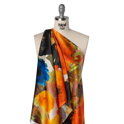Silk Charmeuse Print 16MM, Made in Italy - Orange, Dark Green and Yellow Painterly Floral