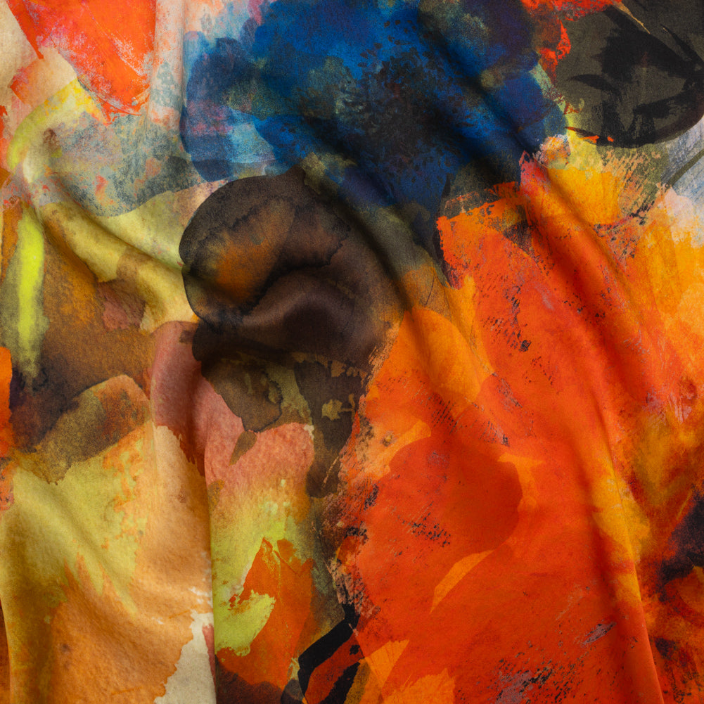 Silk Charmeuse Print 16MM, Made in Italy - Orange, Dark Green and Yellow Painterly Floral