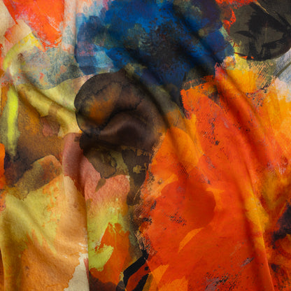 Silk Charmeuse Print 16MM, Made in Italy - Orange, Dark Green and Yellow Painterly Floral