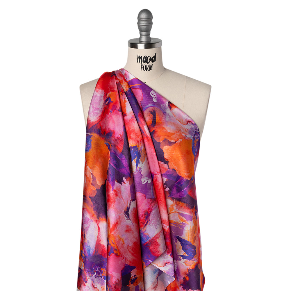 Silk Charmeuse Print 16MM, Made in Italy - Purple, Crimson and Orange Watercolor Flowers