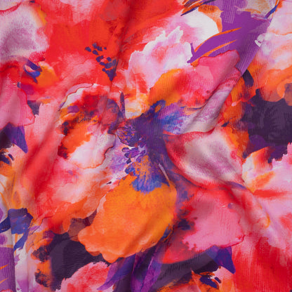 Silk Charmeuse Print 16MM, Made in Italy - Purple, Crimson and Orange Watercolor Flowers