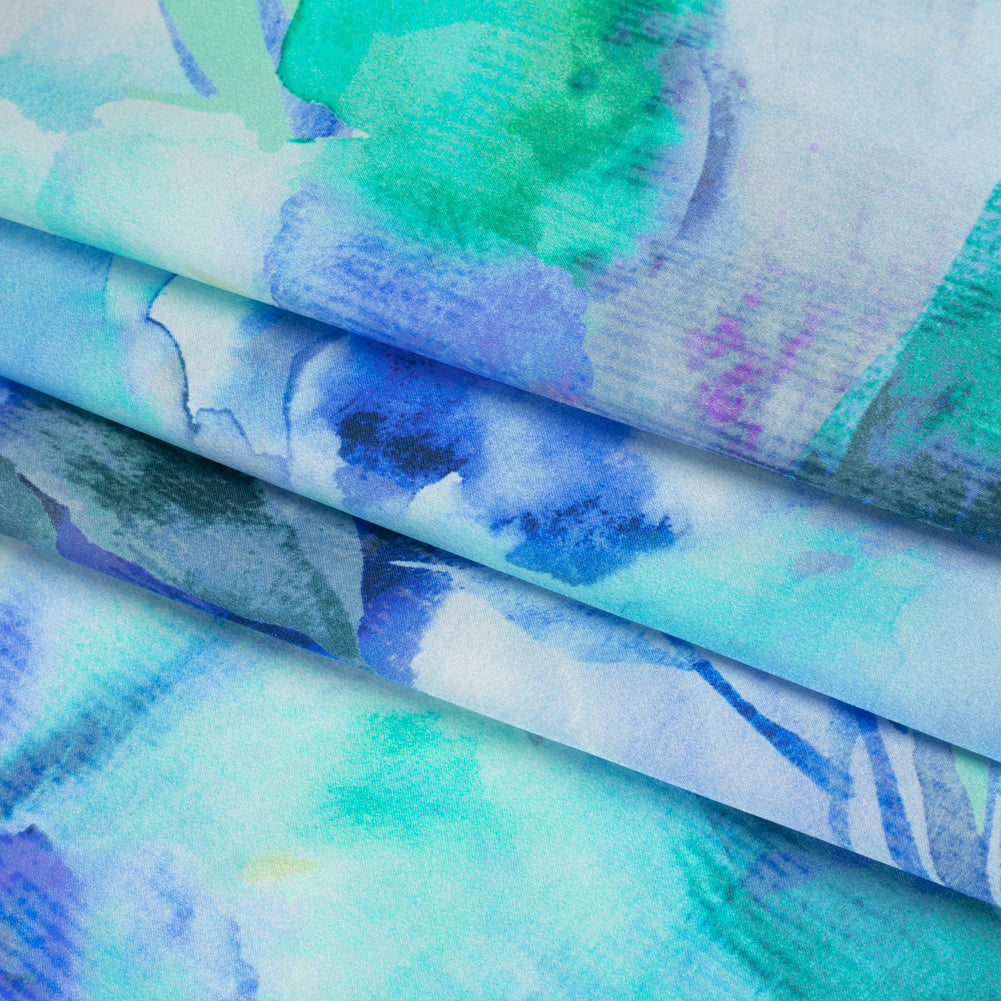 Silk Charmeuse Print 16MM, Made in Italy - Blue, Green and Light Purple Watercolor Flowers