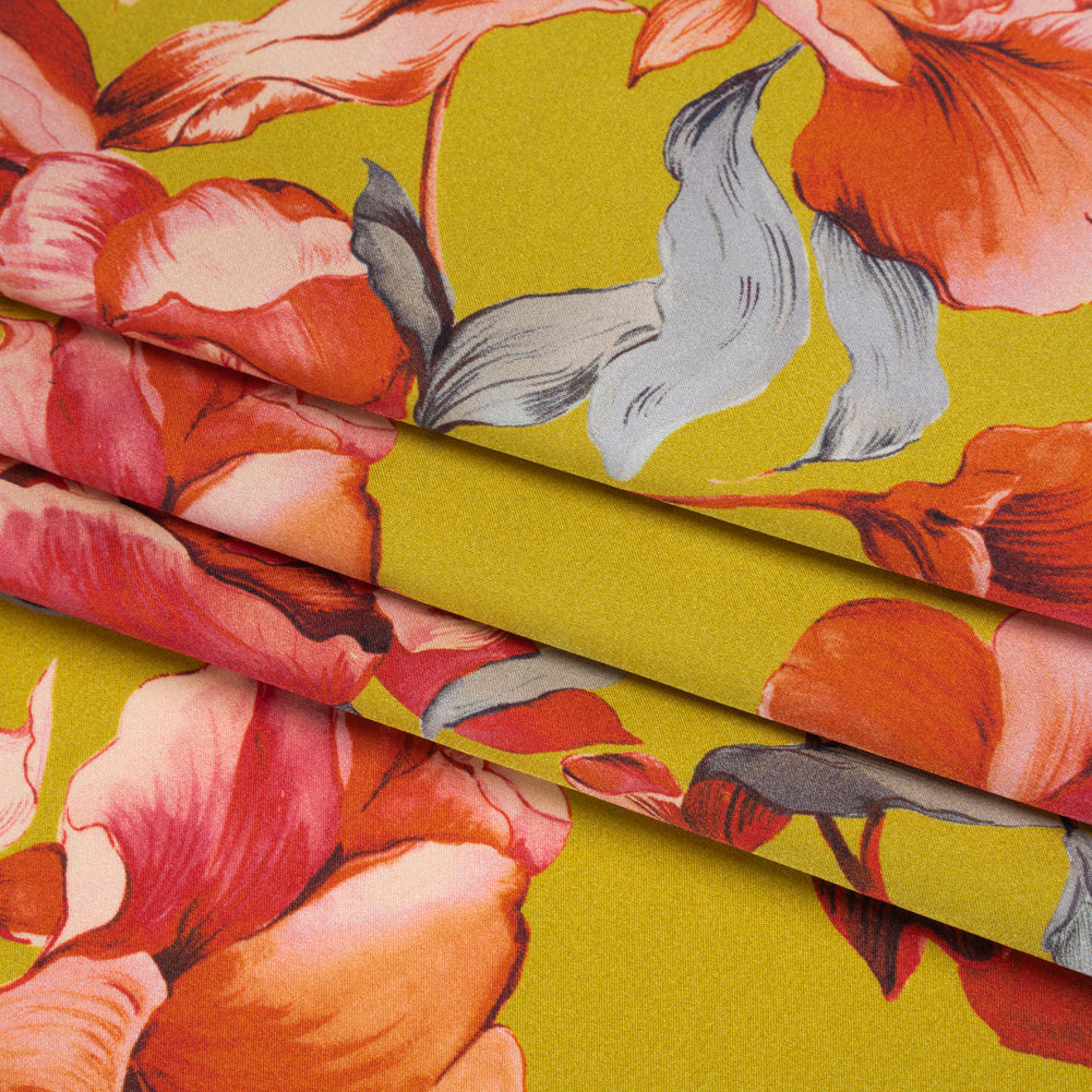 Silk Charmeuse Print 16MM, Made in Italy - Chartreuse and Red Blooming Roses