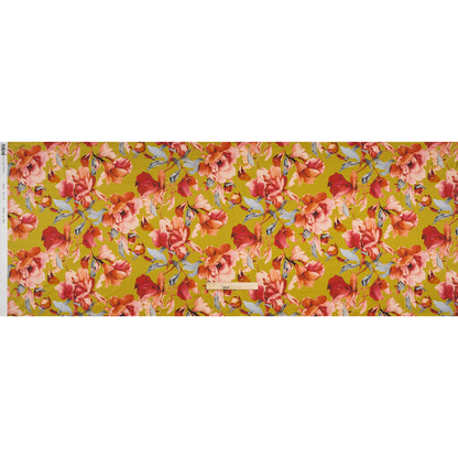 Silk Charmeuse Print 16MM, Made in Italy - Chartreuse and Red Blooming Roses