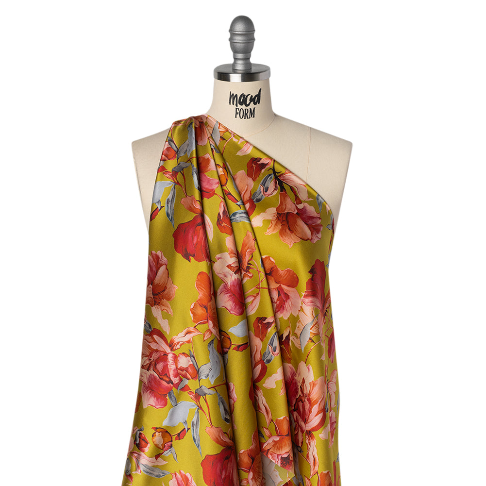 Silk Charmeuse Print 16MM, Made in Italy - Chartreuse and Red Blooming Roses