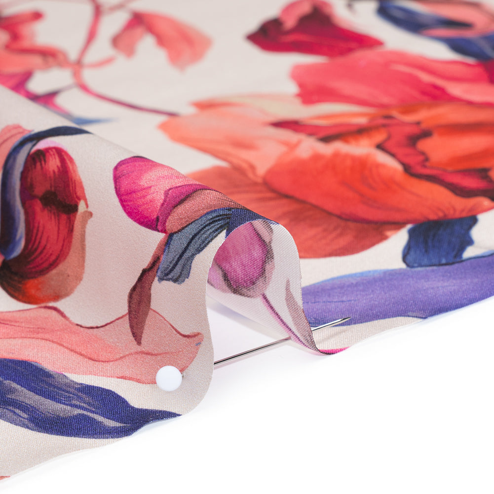 Silk Charmeuse Print 16MM, Made in Italy - White, Bright Pink and Blue Blooming Roses